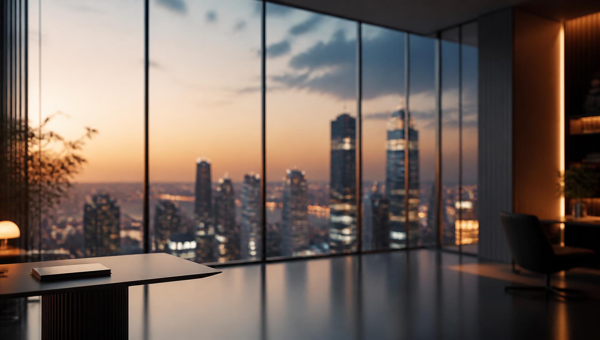 Modern executive office overlooking a city skyline at dusk